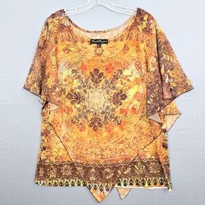 French Bazaar Floral Print Rhinestone Layered Short Sleeve Scoop Neck Top XL